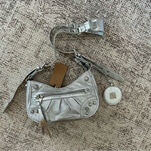 Steve Madden Silver Metallic Mini Shoulder Bag with Coin Charm
